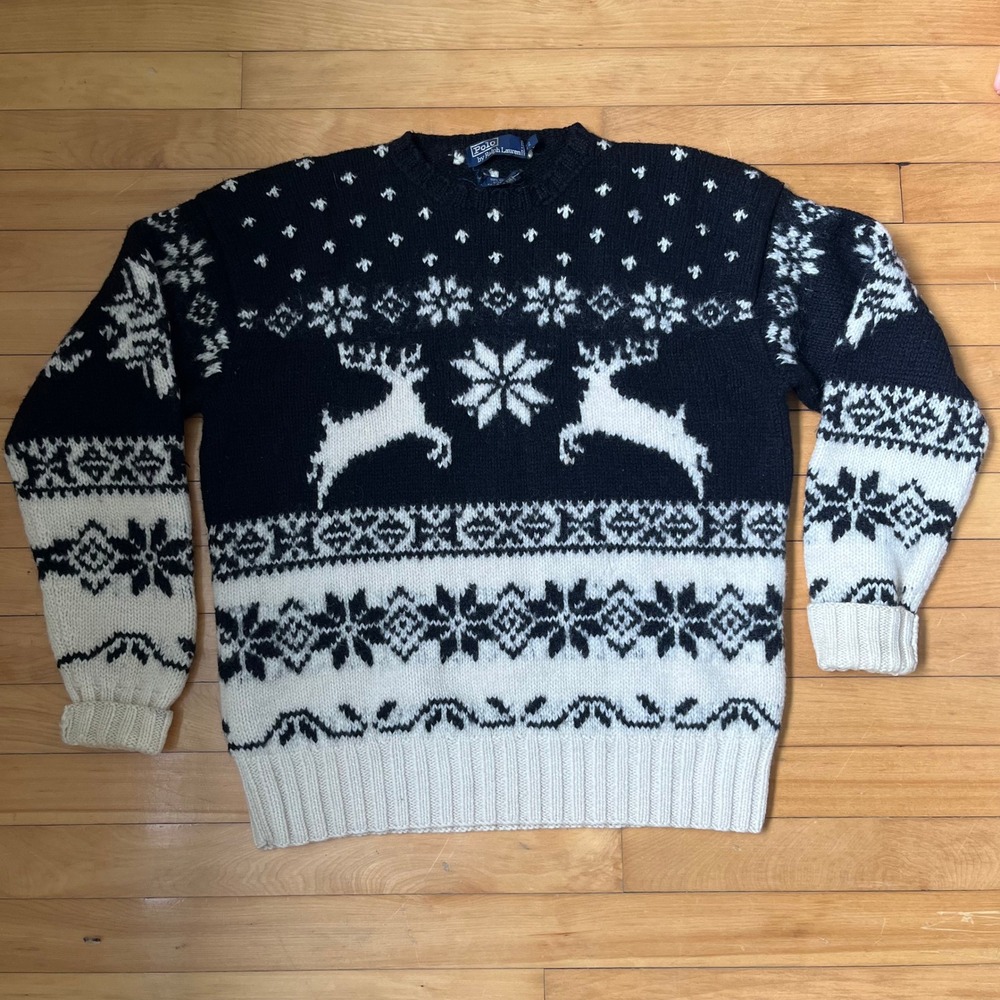 Polo Ralph Lauren Hand Knit Wool Reindeer Fair Isle Sweater Navy Blue Mens XL